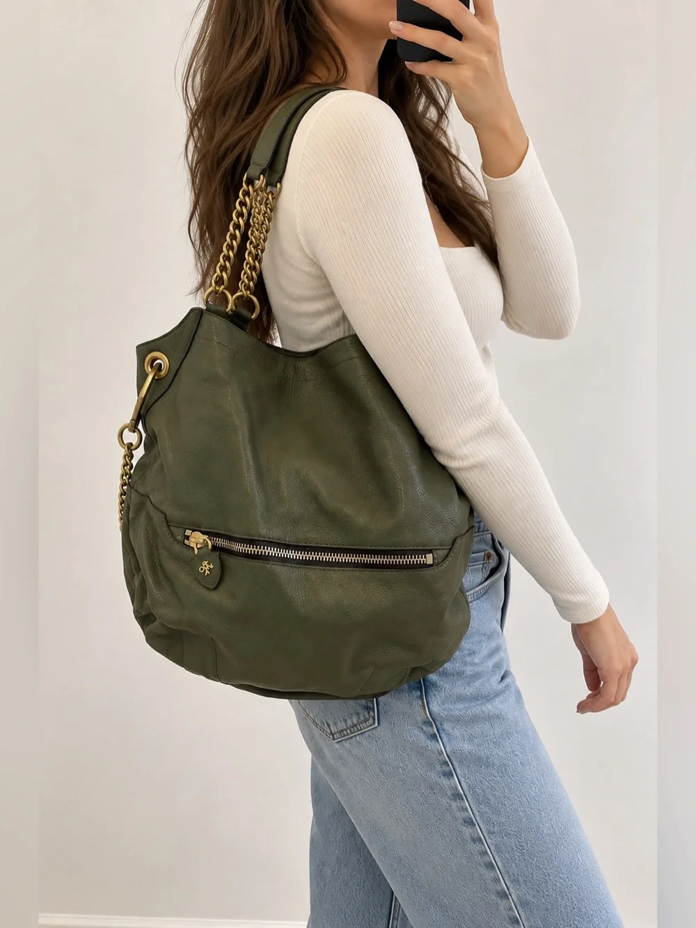 orYANY Olive Green Pebbled Leather Chain Hobo Shoulder Crossbody Bag